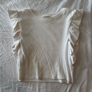 Zara White Ribbed Crop Top with Ruffle Sleeves
